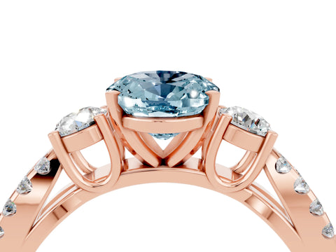 Rose gold Oval Cut Aquamarine Three-Stone Ring with Pavé Split Shank and Four-Prong Setting_16