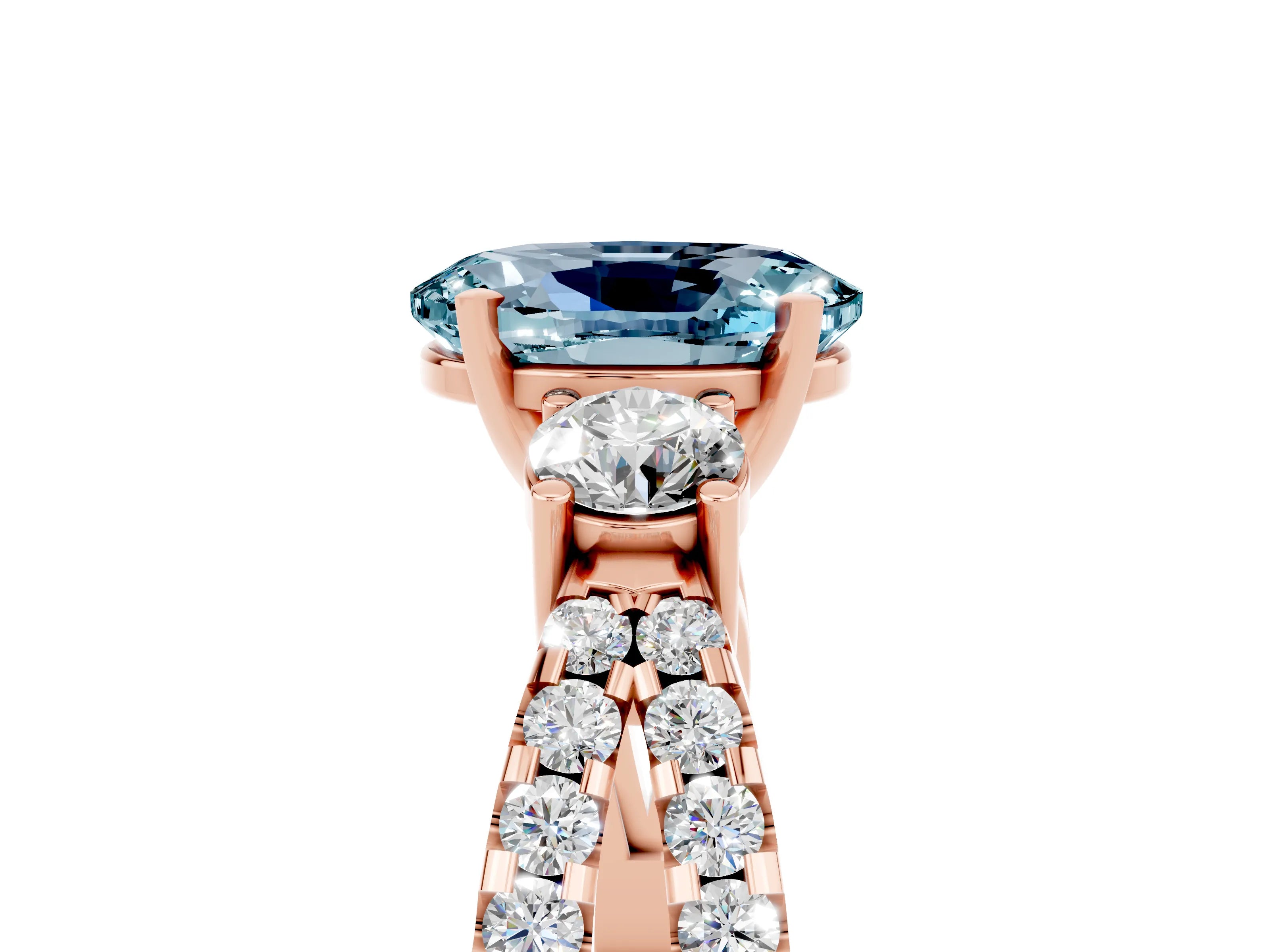 Rose gold Oval Cut Aquamarine Three-Stone Ring with Pavé Split Shank and Four-Prong Setting_17