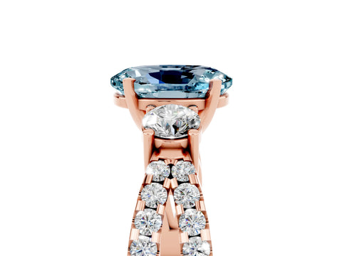 Rose gold Oval Cut Aquamarine Three-Stone Ring with Pavé Split Shank and Four-Prong Setting_17