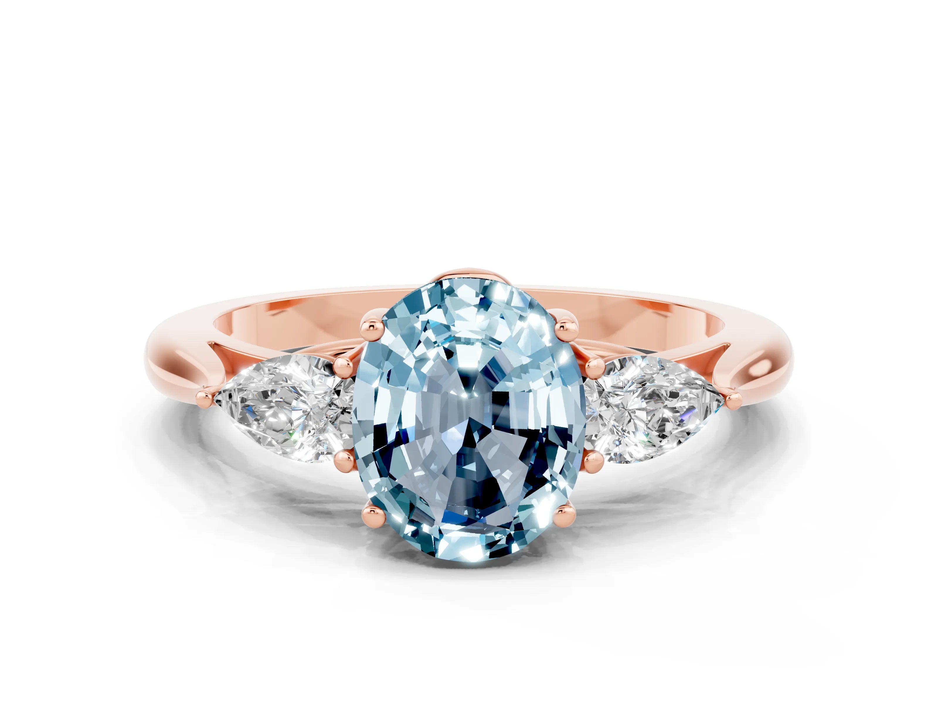 Rose gold Oval Cut Aquamarine Three-Stone Ring with Pear Side Stones and Four-Prong Setting_12