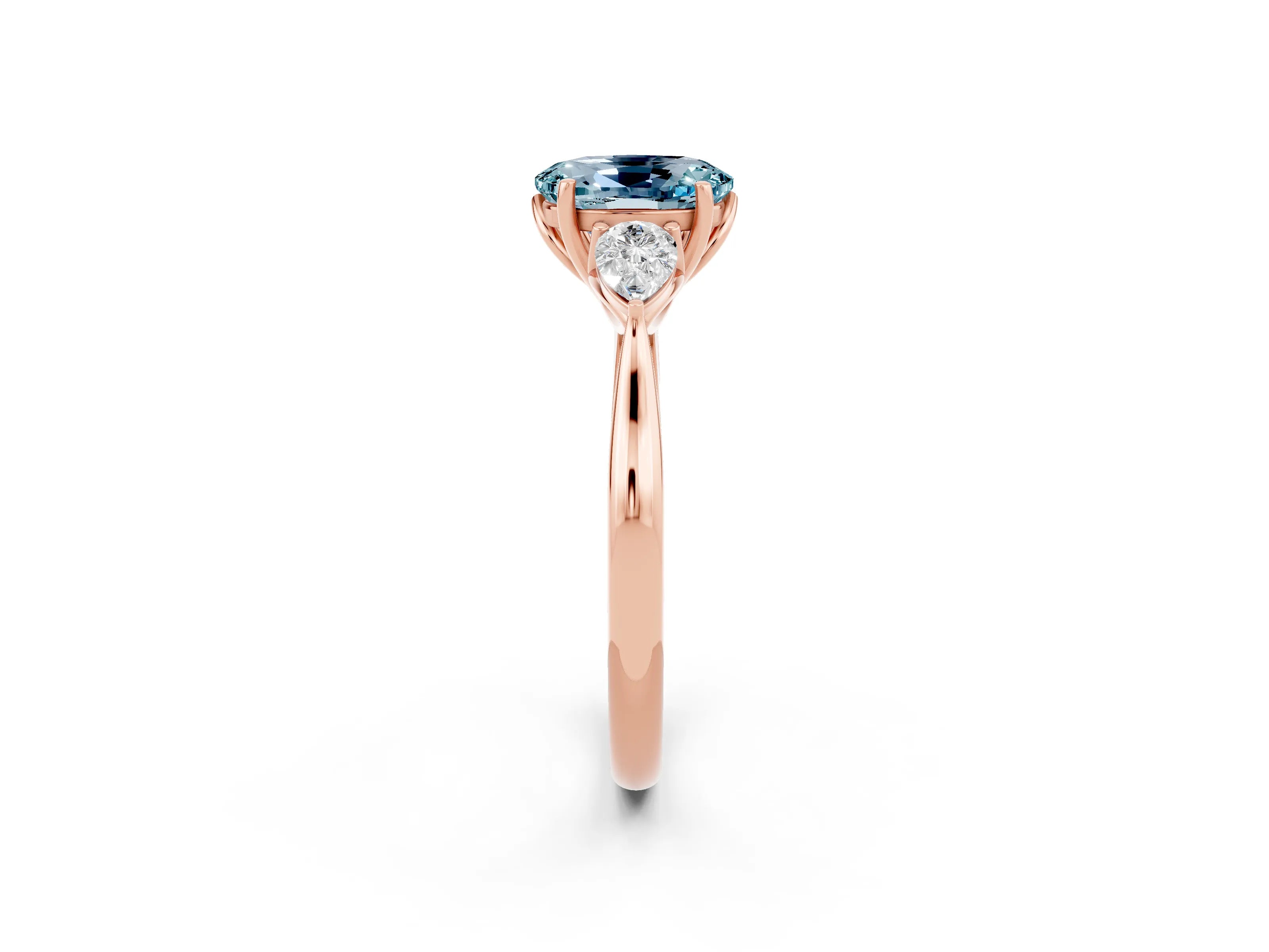 Rose gold Oval Cut Aquamarine Three-Stone Ring with Pear Side Stones and Four-Prong Setting_14