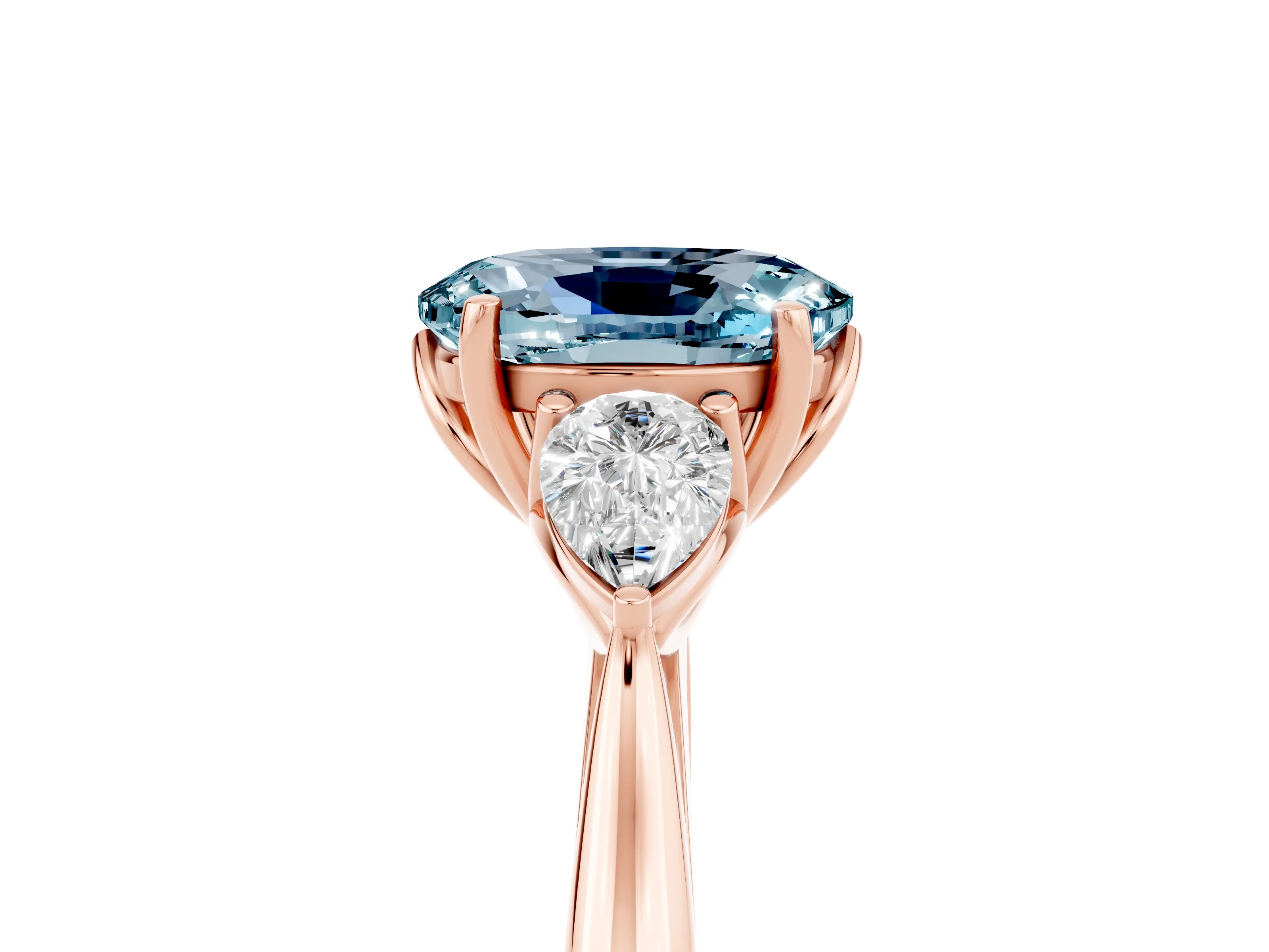 Rose gold Oval Cut Aquamarine Three-Stone Ring with Pear Side Stones and Four-Prong Setting_17