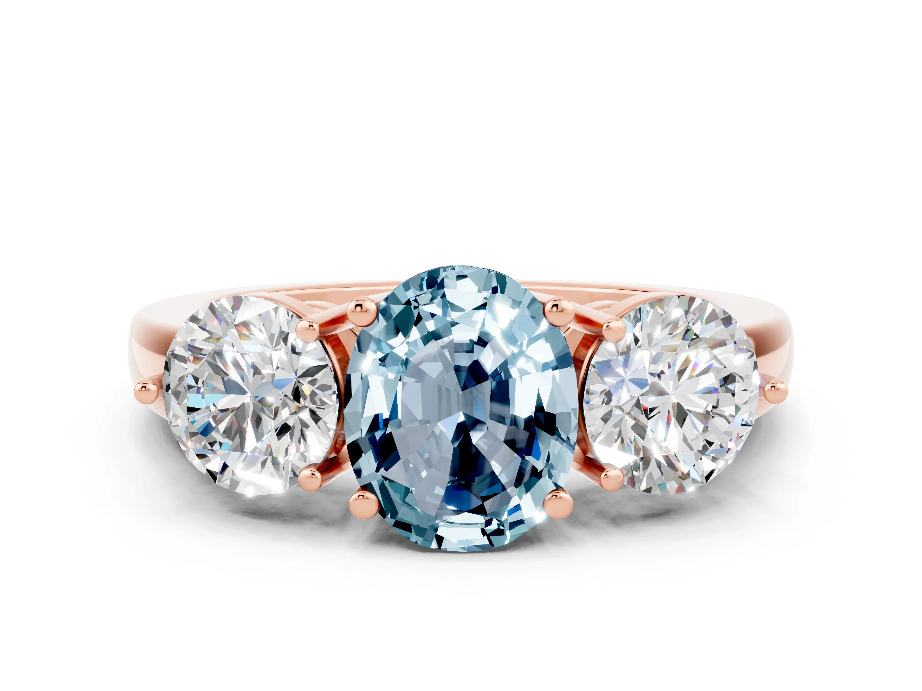 Rose gold Oval Cut Aquamarine Three-Stone Ring with Prong Setting and Classic Band