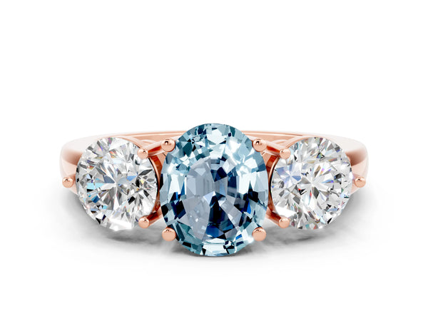 Rose gold Oval Cut Aquamarine Three-Stone Ring with Prong Setting and Classic Band