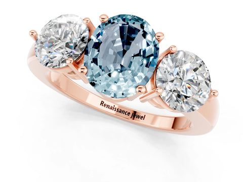 Rose gold Oval Cut Aquamarine Three-Stone Ring with Prong Setting and Classic Band_1