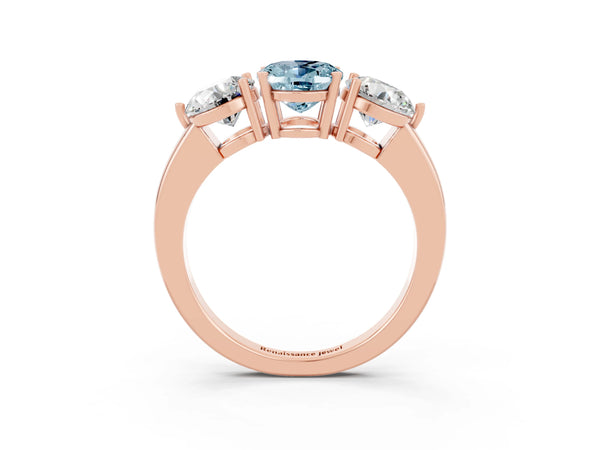 Rose gold Oval Cut Aquamarine Three-Stone Ring with Prong Setting and Classic Band