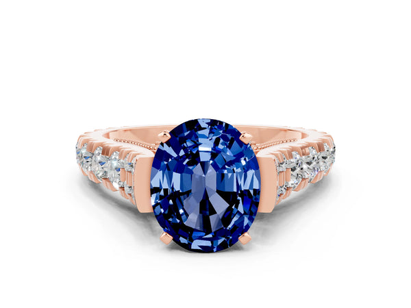 Rose gold Oval Cut Blue Sapphire Classic Solitaire Ring with Pavé Band and Four-Prong Setting