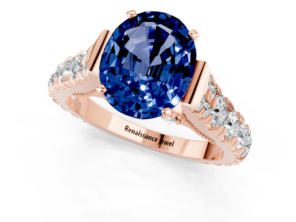 Rose gold Oval Cut Blue Sapphire Classic Solitaire Ring with Pavé Band and Four-Prong Setting