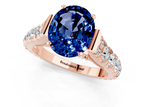 Rose gold Oval Cut Blue Sapphire Classic Solitaire Ring with Pavé Band and Four-Prong Setting_1