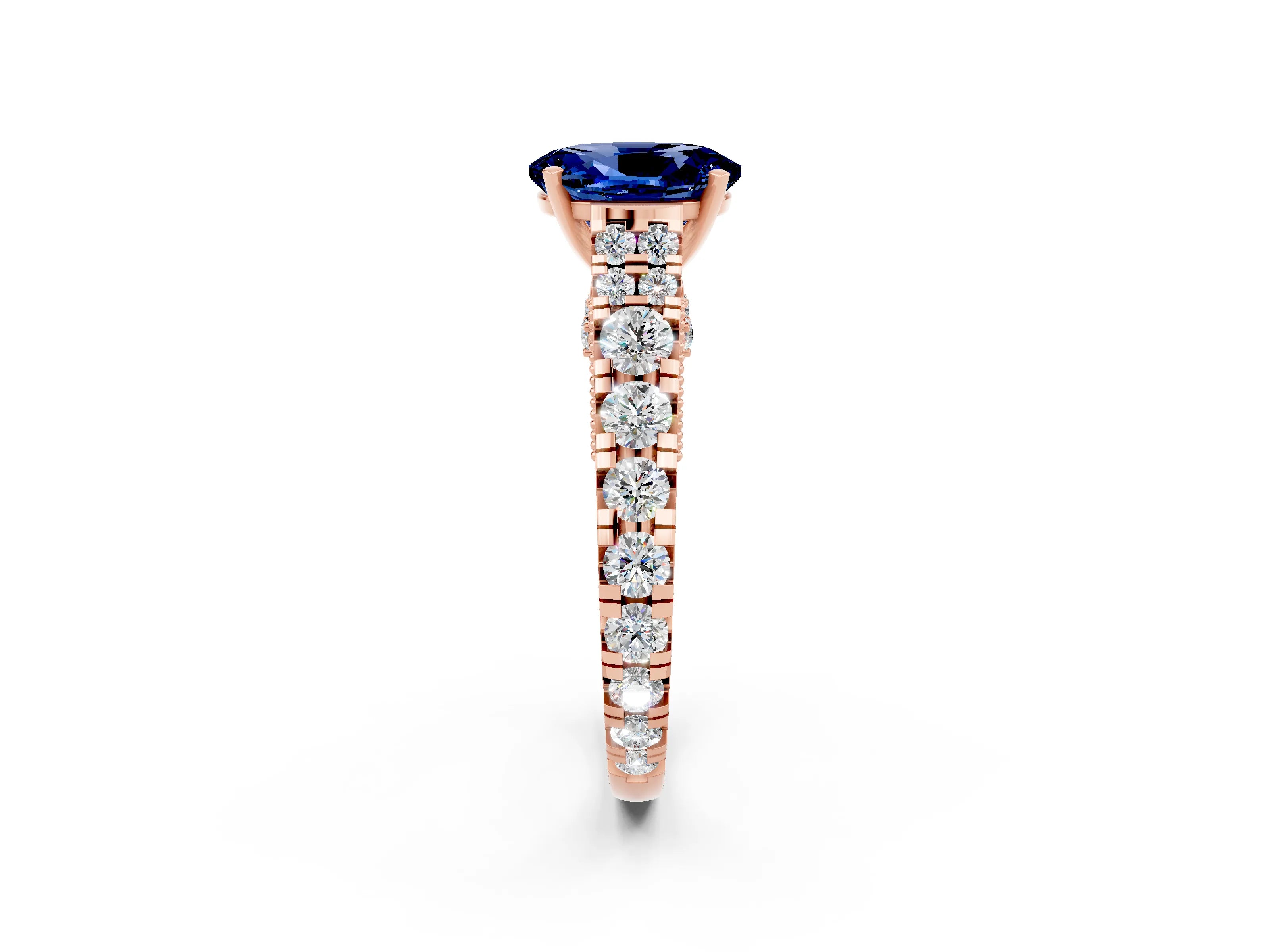 Rose gold Oval Cut Blue Sapphire Classic Solitaire Ring with Pavé Band and Four-Prong Setting_2