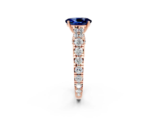 Rose gold Oval Cut Blue Sapphire Classic Solitaire Ring with Pavé Band and Four-Prong Setting