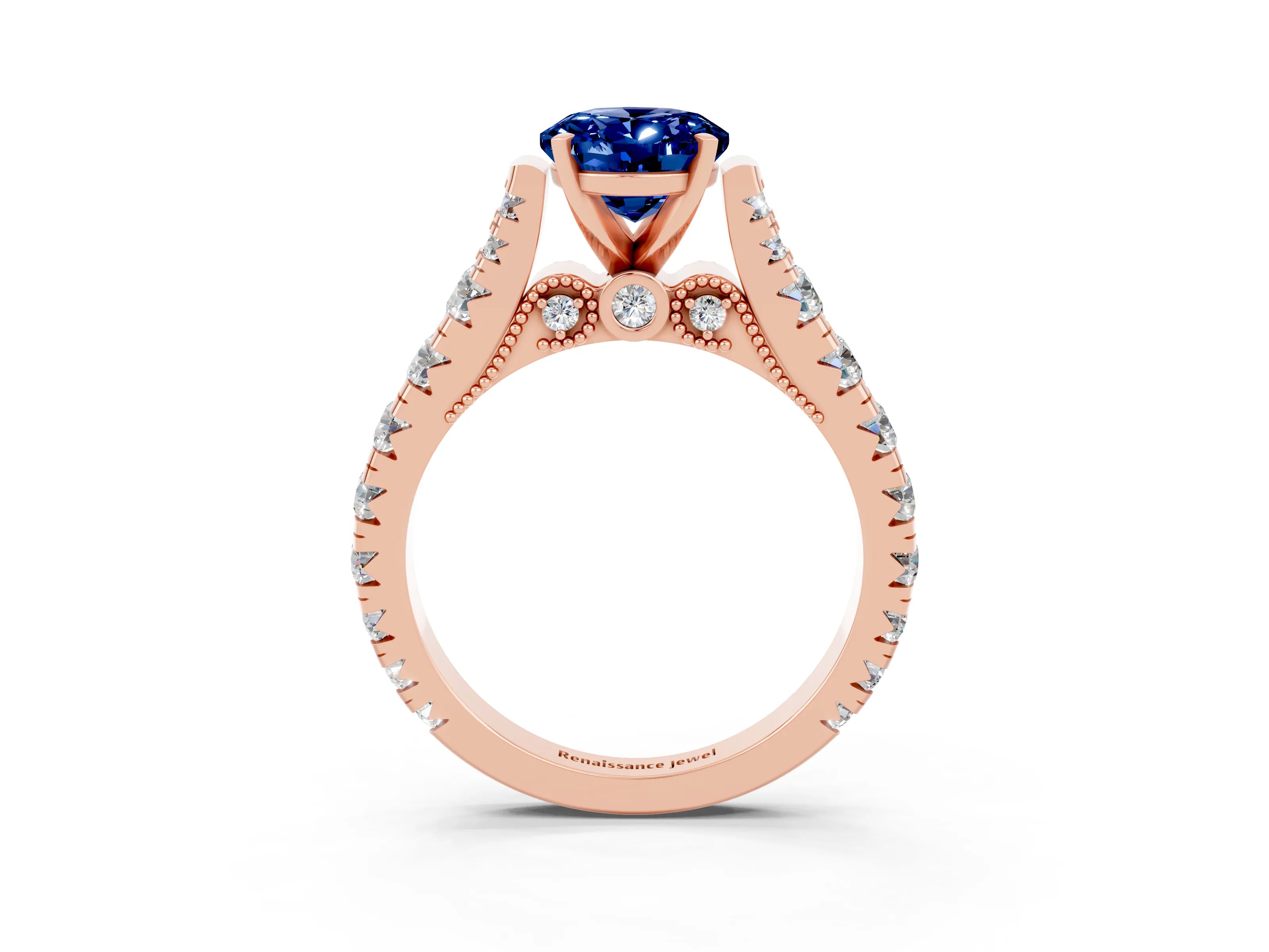 Rose gold Oval Cut Blue Sapphire Classic Solitaire Ring with Pavé Band and Four-Prong Setting_3