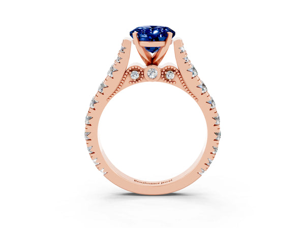 Rose gold Oval Cut Blue Sapphire Classic Solitaire Ring with Pavé Band and Four-Prong Setting