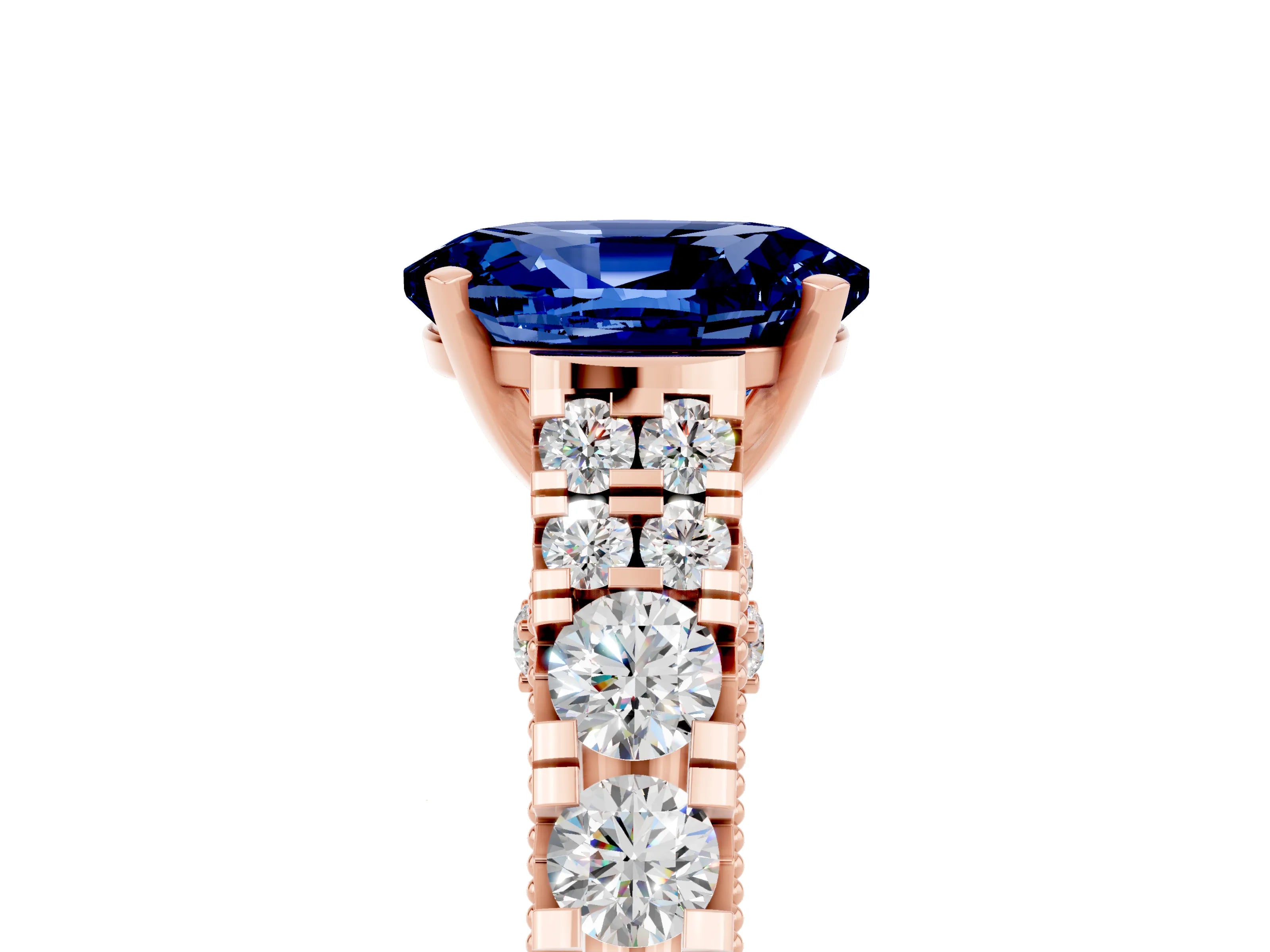 Rose gold Oval Cut Blue Sapphire Classic Solitaire Ring with Pavé Band and Four-Prong Setting_5