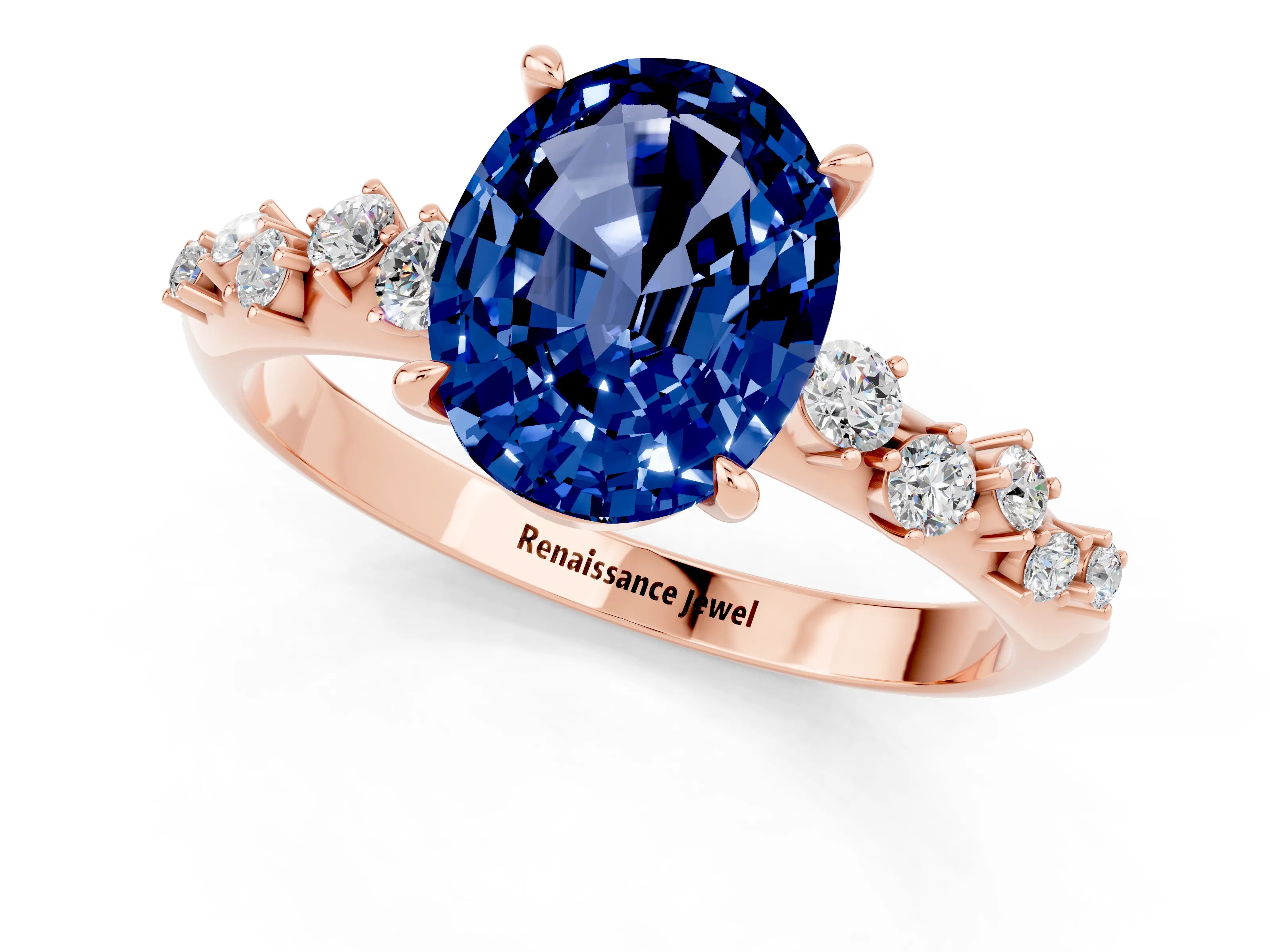 Rose gold Oval Cut Blue Sapphire Cluster Side Stone Solitaire Ring with Prong Setting_25