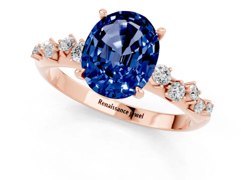 Rose gold Oval Cut Blue Sapphire Cluster Side Stone Solitaire Ring with Prong Setting_25