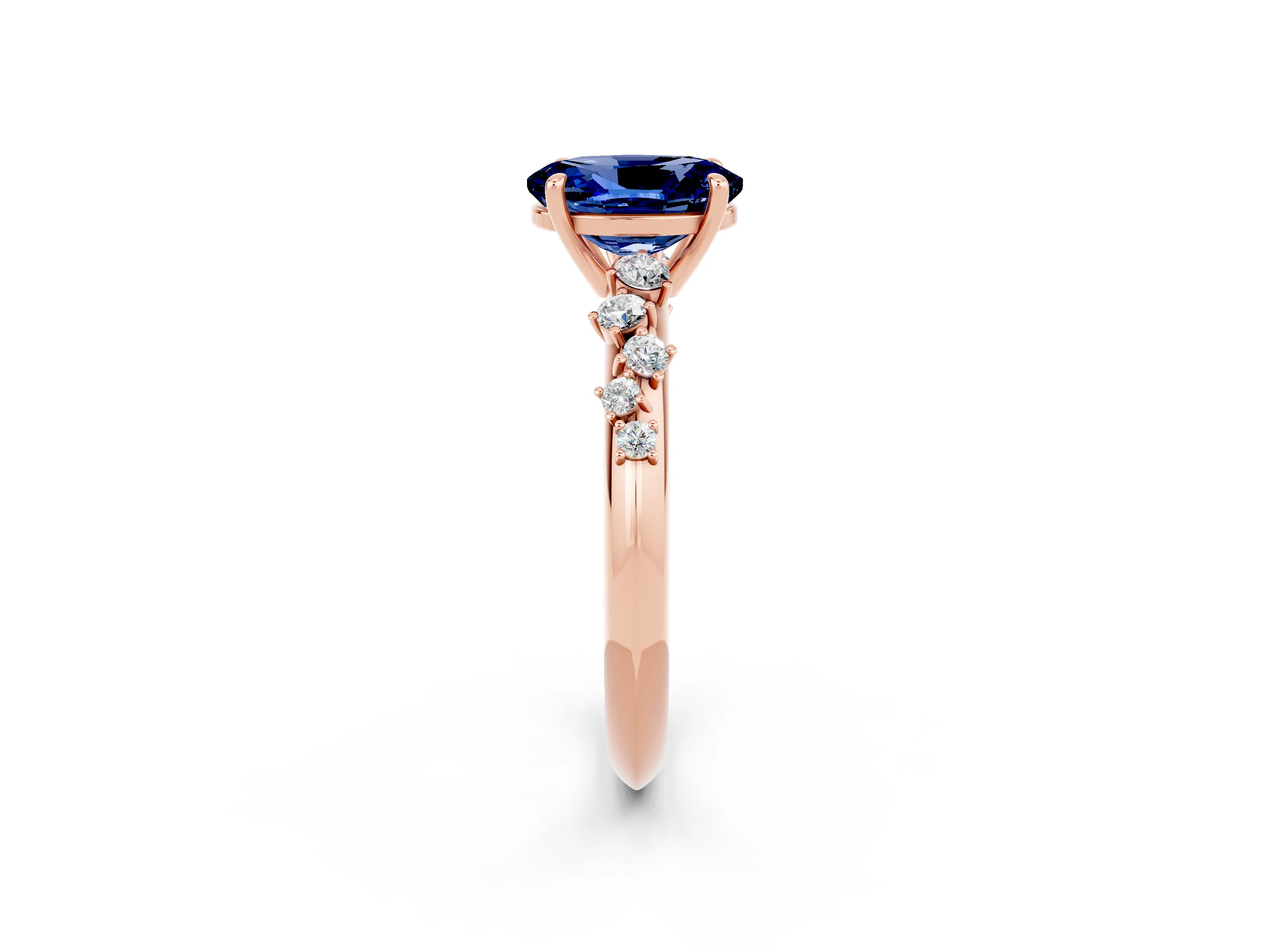Rose gold Oval Cut Blue Sapphire Cluster Side Stone Solitaire Ring with Prong Setting_26