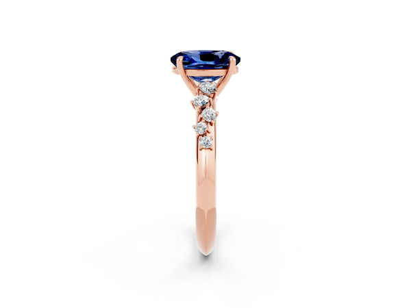 Rose gold Oval Cut Blue Sapphire Cluster Side Stone Solitaire Ring with Prong Setting