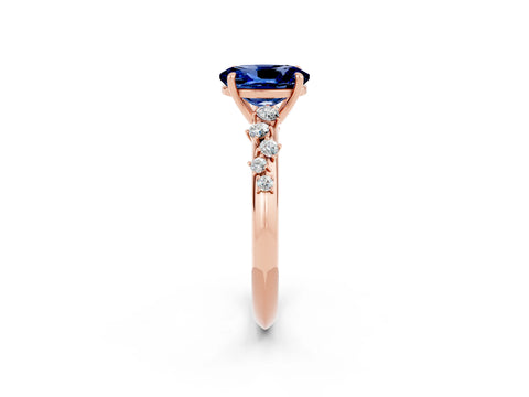 Rose gold Oval Cut Blue Sapphire Cluster Side Stone Solitaire Ring with Prong Setting_26