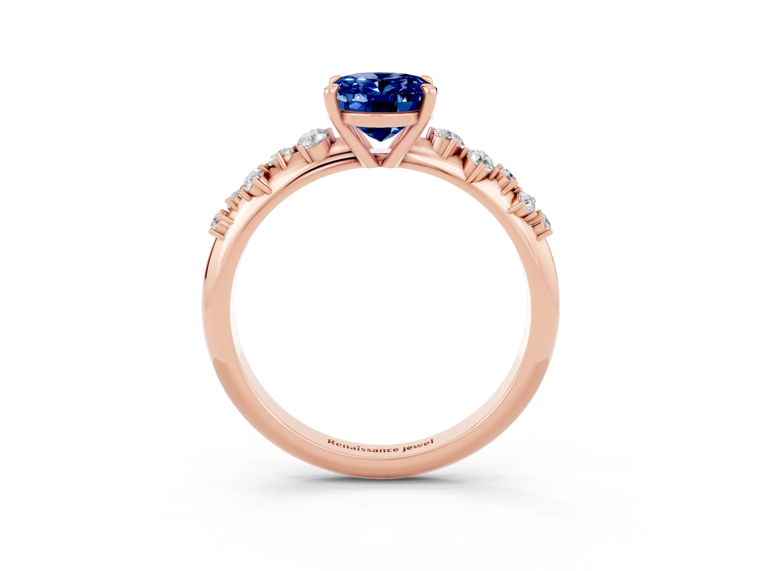 Rose gold Oval Cut Blue Sapphire Cluster Side Stone Solitaire Ring with Prong Setting_27