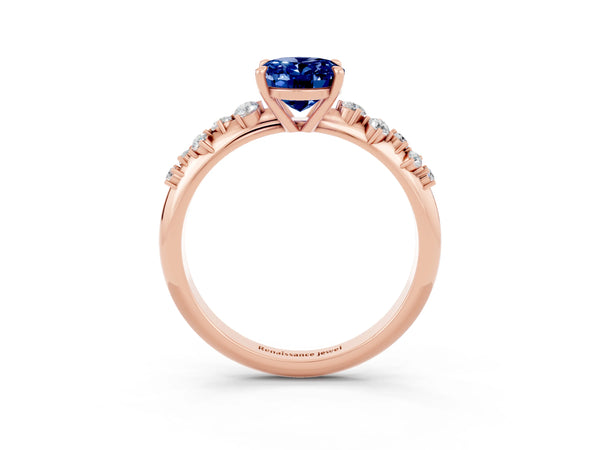 Rose gold Oval Cut Blue Sapphire Cluster Side Stone Solitaire Ring with Prong Setting