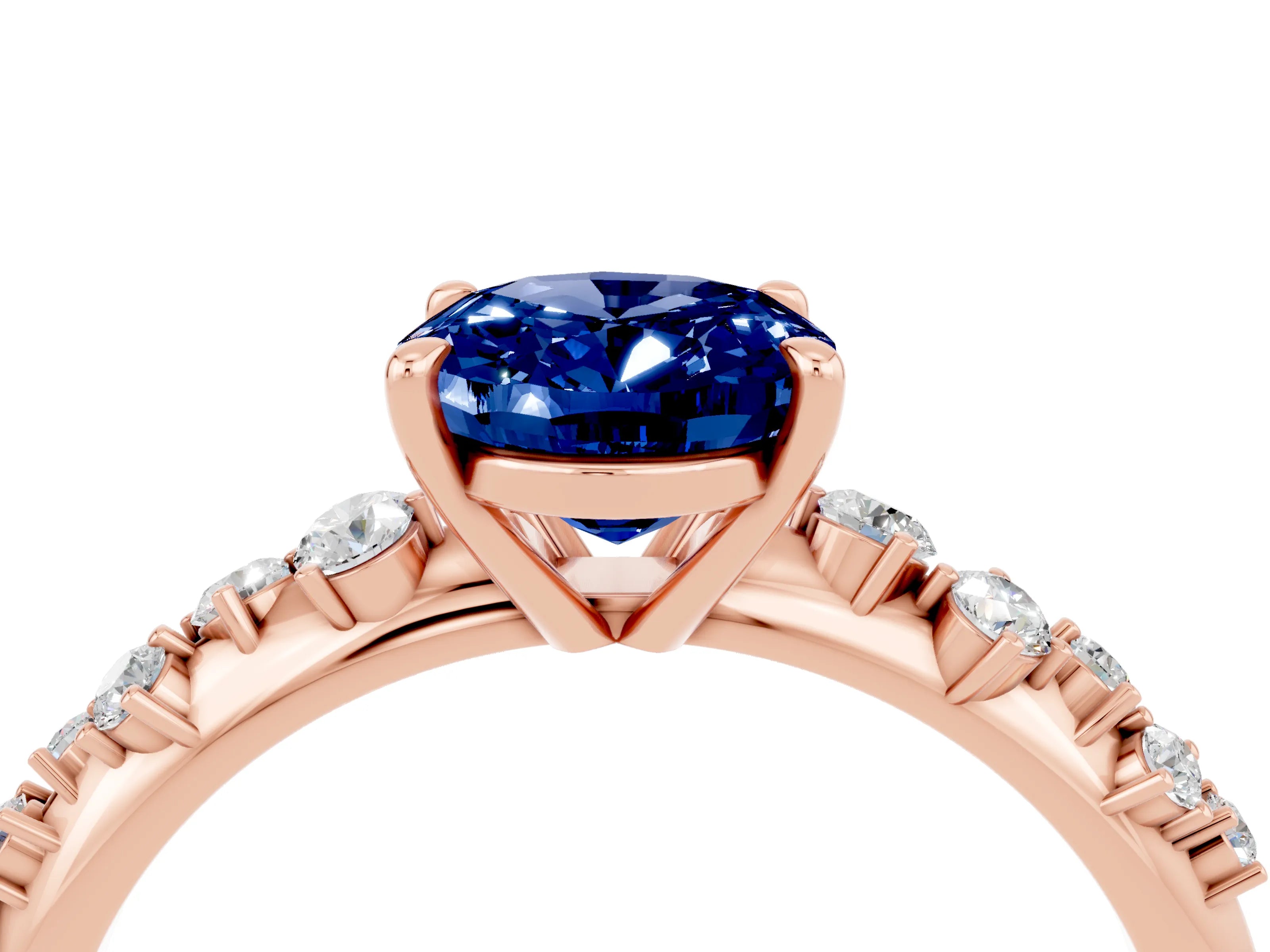 Rose gold Oval Cut Blue Sapphire Cluster Side Stone Solitaire Ring with Prong Setting_28