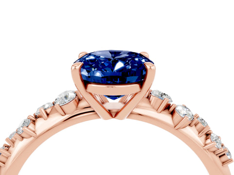 Rose gold Oval Cut Blue Sapphire Cluster Side Stone Solitaire Ring with Prong Setting_28