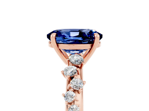 Rose gold Oval Cut Blue Sapphire Cluster Side Stone Solitaire Ring with Prong Setting_29