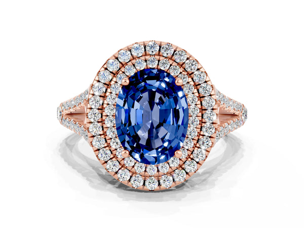 Rose gold Oval Cut Blue Sapphire Double Halo Ring with Pavé Band and Prong Setting