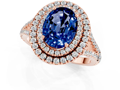 Rose gold Oval Cut Blue Sapphire Double Halo Ring with Pavé Band and Prong Setting_13
