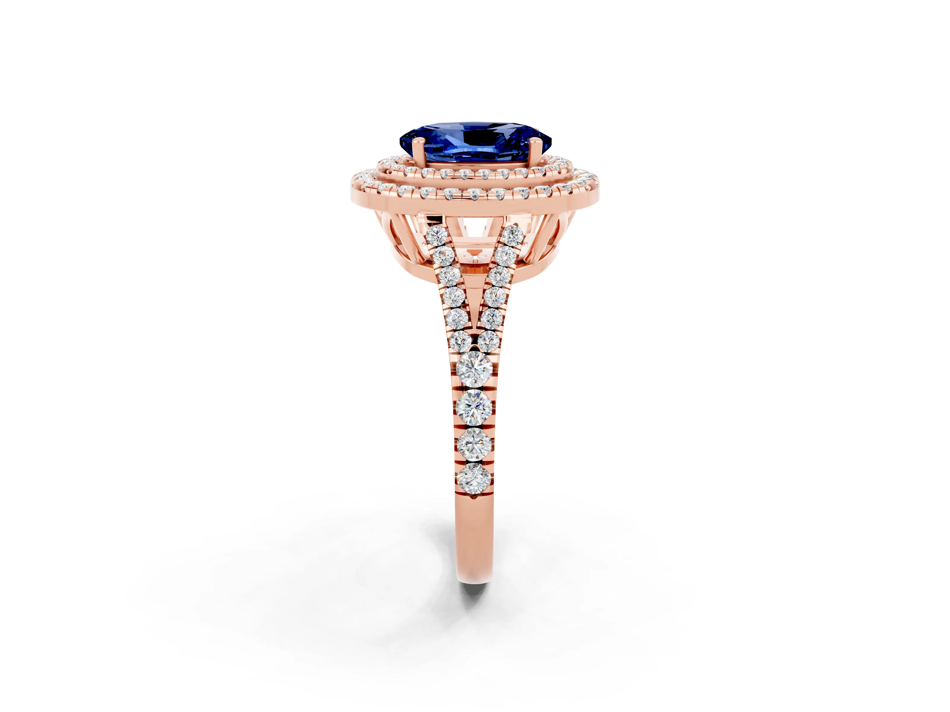 Rose gold Oval Cut Blue Sapphire Double Halo Ring with Pavé Band and Prong Setting_14