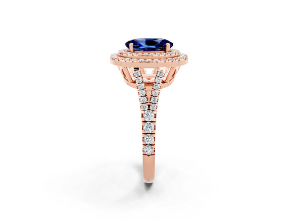 Rose gold Oval Cut Blue Sapphire Double Halo Ring with Pavé Band and Prong Setting