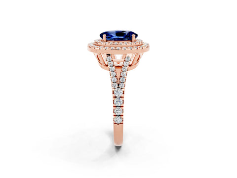 Rose gold Oval Cut Blue Sapphire Double Halo Ring with Pavé Band and Prong Setting_14