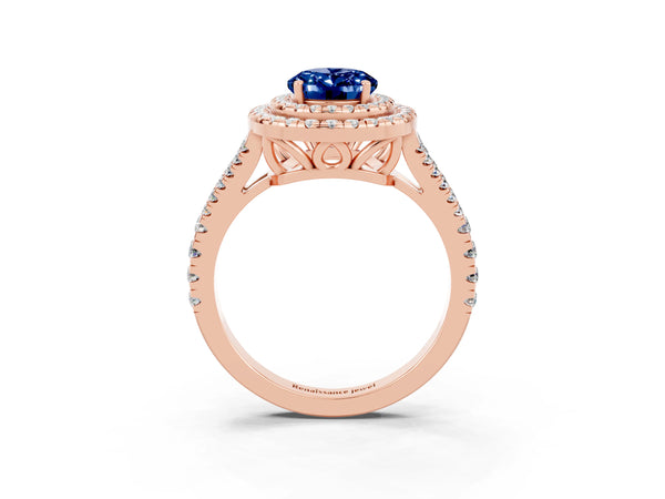Rose gold Oval Cut Blue Sapphire Double Halo Ring with Pavé Band and Prong Setting