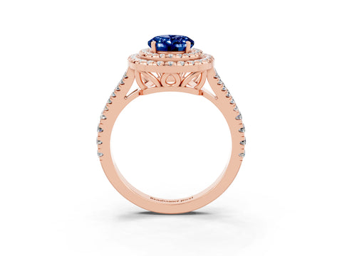 Rose gold Oval Cut Blue Sapphire Double Halo Ring with Pavé Band and Prong Setting_15
