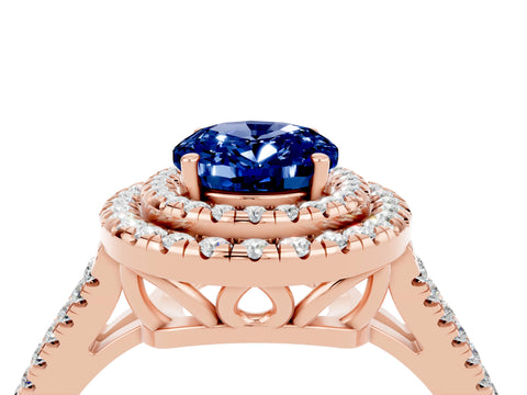 Rose gold Oval Cut Blue Sapphire Double Halo Ring with Pavé Band and Prong Setting_16