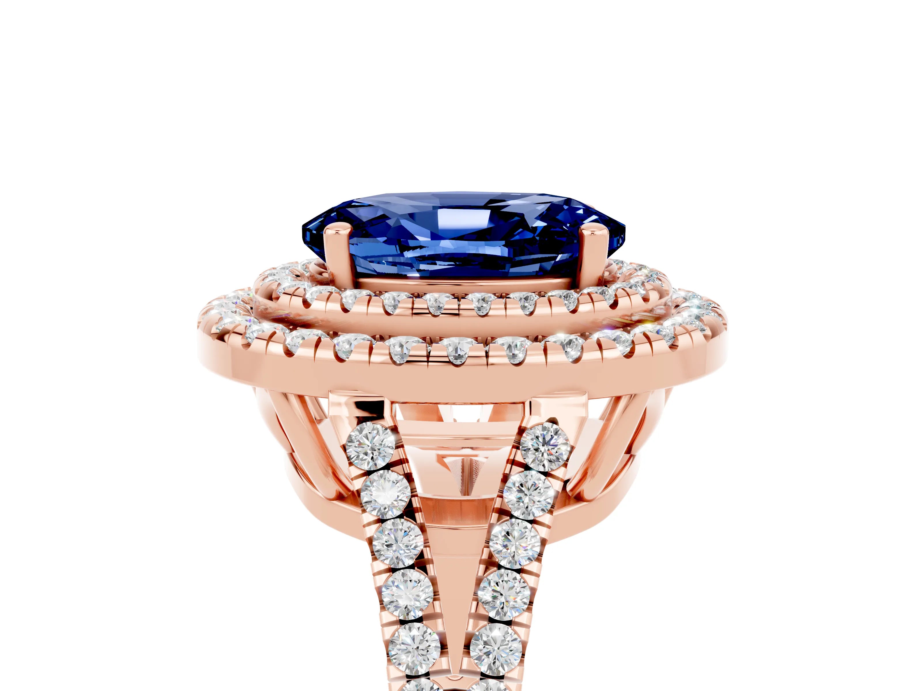 Rose gold Oval Cut Blue Sapphire Double Halo Ring with Pavé Band and Prong Setting_17