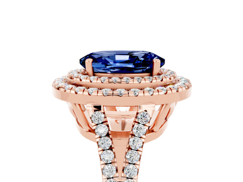 Rose gold Oval Cut Blue Sapphire Double Halo Ring with Pavé Band and Prong Setting_17