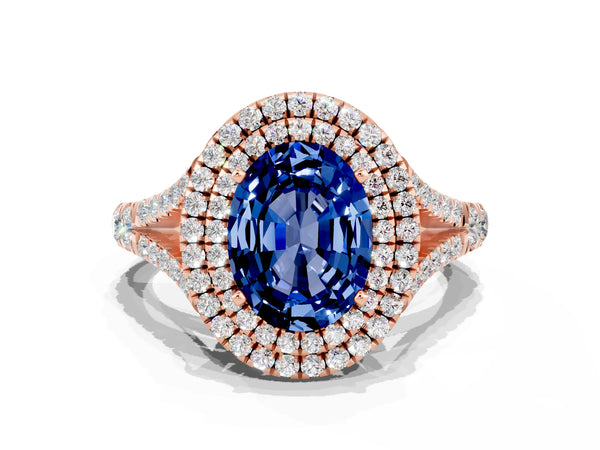 Rose gold Oval Cut Blue Sapphire Double Halo Ring with Split Shank and Prong Setting
