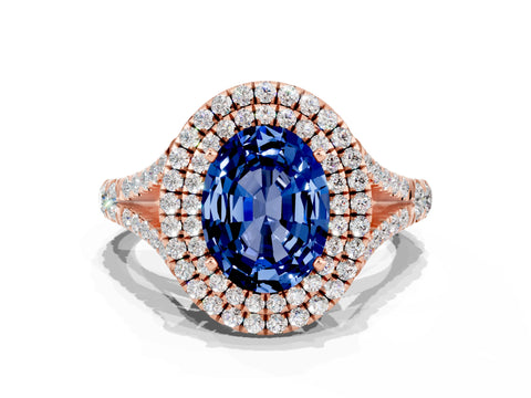 Rose gold Oval Cut Blue Sapphire Double Halo Ring with Split Shank and Prong Setting_12