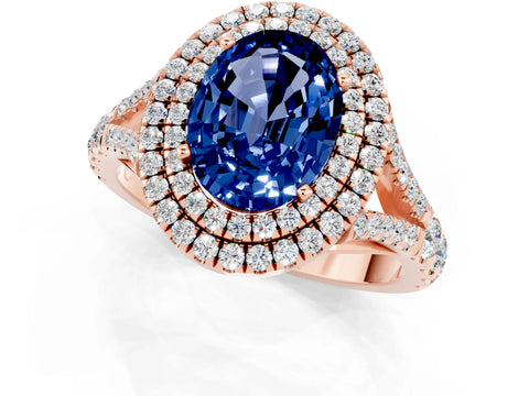 Rose gold Oval Cut Blue Sapphire Double Halo Ring with Split Shank and Prong Setting_13