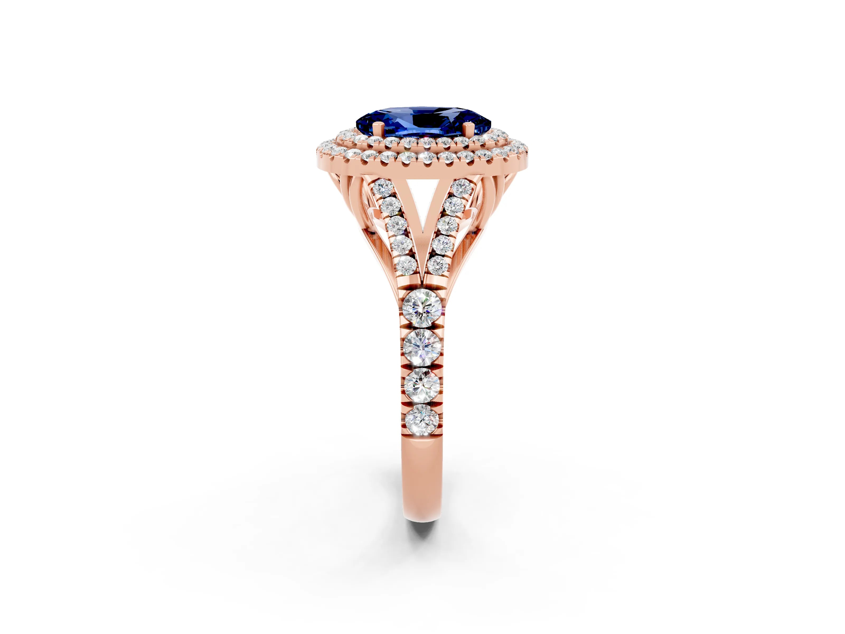 Rose gold Oval Cut Blue Sapphire Double Halo Ring with Split Shank and Prong Setting_14