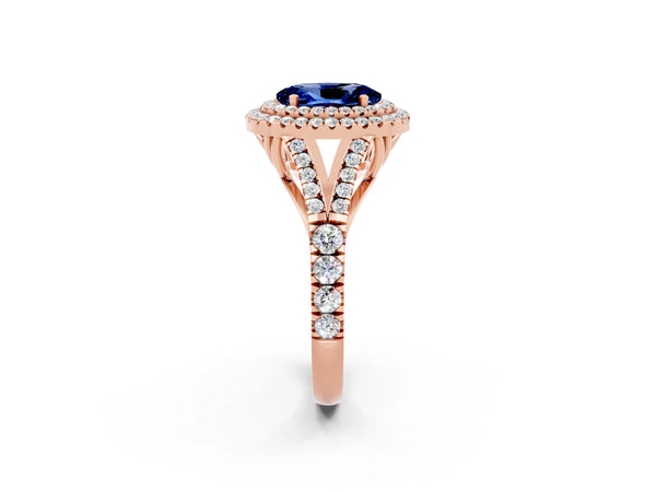 Rose gold Oval Cut Blue Sapphire Double Halo Ring with Split Shank and Prong Setting