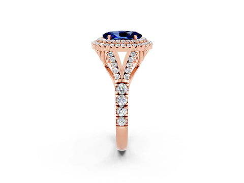 Rose gold Oval Cut Blue Sapphire Double Halo Ring with Split Shank and Prong Setting_14