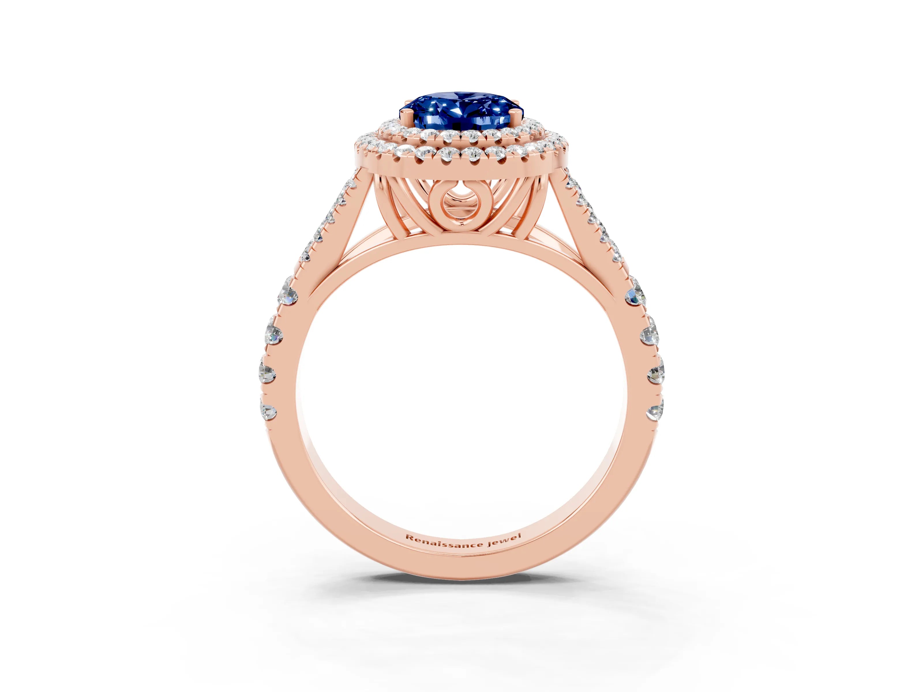 Rose gold Oval Cut Blue Sapphire Double Halo Ring with Split Shank and Prong Setting_15
