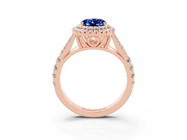 Rose gold Oval Cut Blue Sapphire Double Halo Ring with Split Shank and Prong Setting