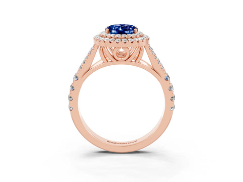 Rose gold Oval Cut Blue Sapphire Double Halo Ring with Split Shank and Prong Setting_15