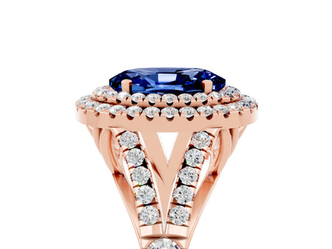 Rose gold Oval Cut Blue Sapphire Double Halo Ring with Split Shank and Prong Setting_17