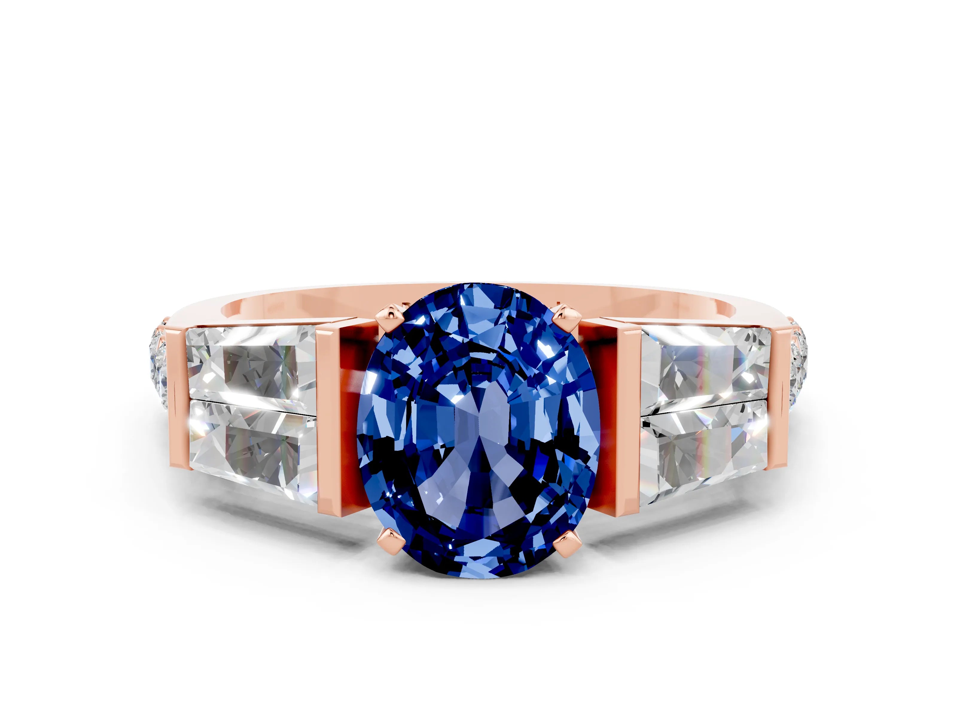 Rose gold Oval Cut Blue Sapphire Engagement Ring with Baguette Side Stones and Channel Set Band