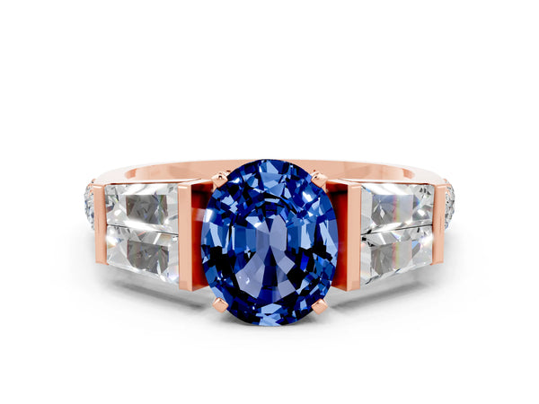 Rose gold Oval Cut Blue Sapphire Engagement Ring with Baguette Side Stones and Channel Set Band
